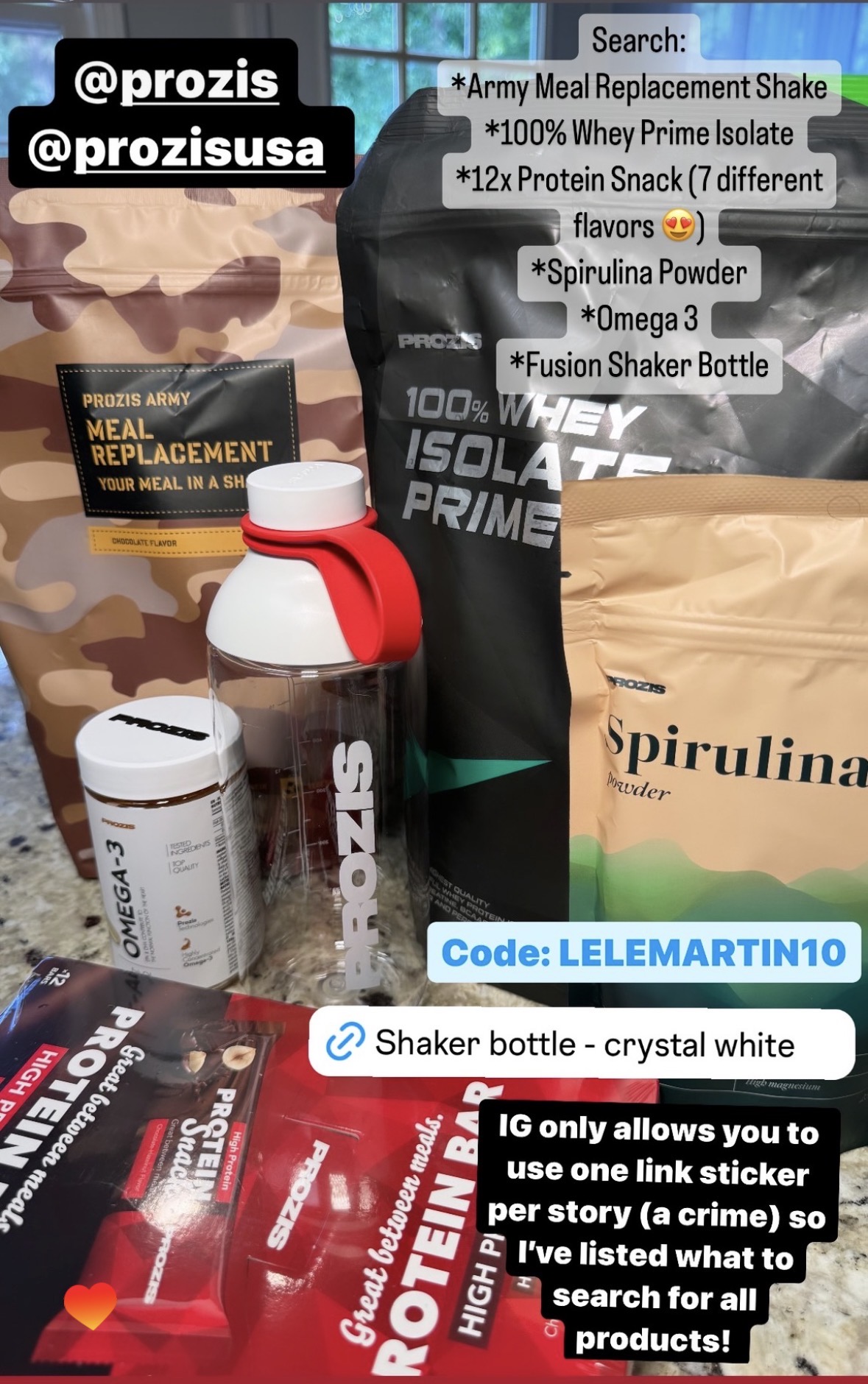 Instagram story showing a Prozis haul: meal replacement, whey isolate, spirulina, omega-3, protein bars and a shaker bottle
