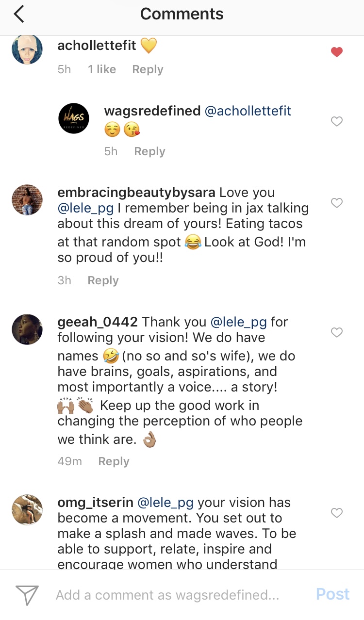 Instagram comment thread thanking LeLe for the vision: 'We do have names, we do have brains, goals, aspirations, and most importantly a voice.... a story!'