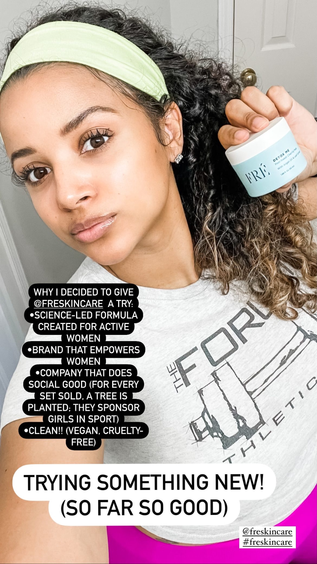 Instagram story of LeLe Martin in a Force Athletics tee holding FRÉ Detox Me, captioned 'Trying something new' with reasons for the partnership