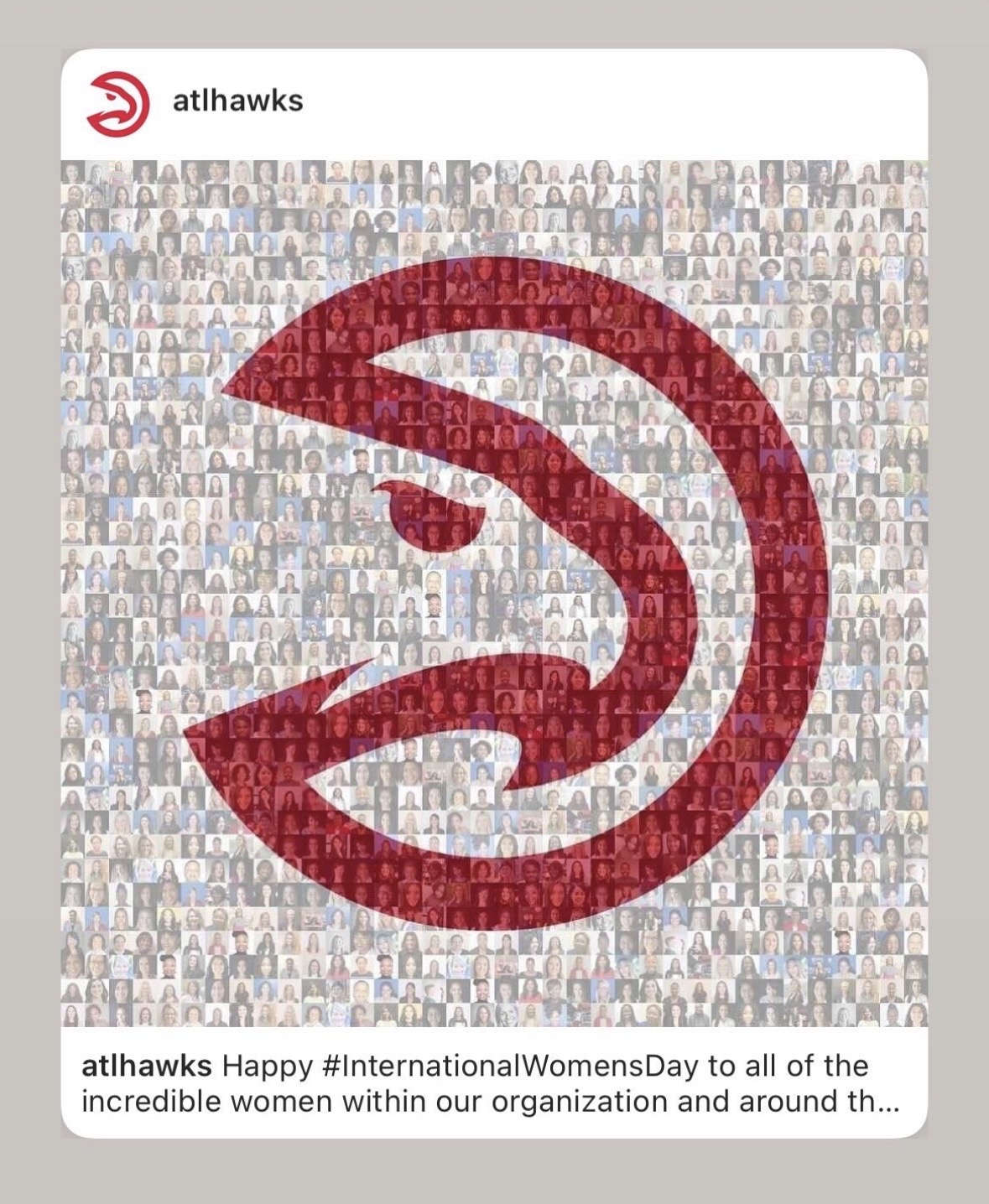 Atlanta Hawks International Women's Day post: the Hawks logo built from a mosaic of headshots of women in the organization