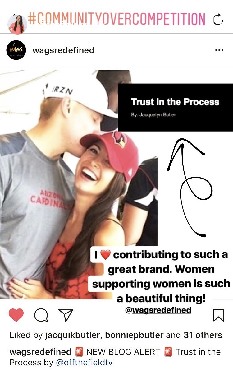 Instagram story reshare of a WAGS Redefined blog post 'Trust in the Process' by Jacquelyn Butler, captioned 'I love contributing to such a great brand. Women supporting women is such a beautiful thing!' with the hashtag #communityovercompetition