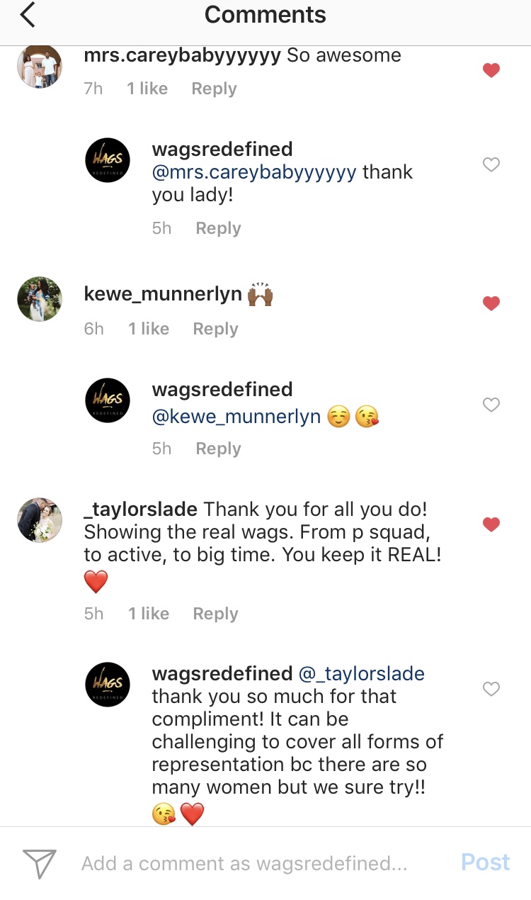 Instagram comment thread: 'Thank you for all you do! Showing the real wags. From p squad, to active, to big time. You keep it REAL!'