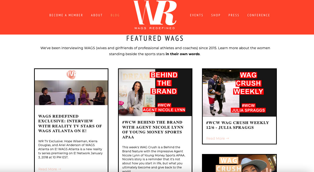 Featured WAGS section of wagsredefined.com, showing interview and WAG Crush Weekly features