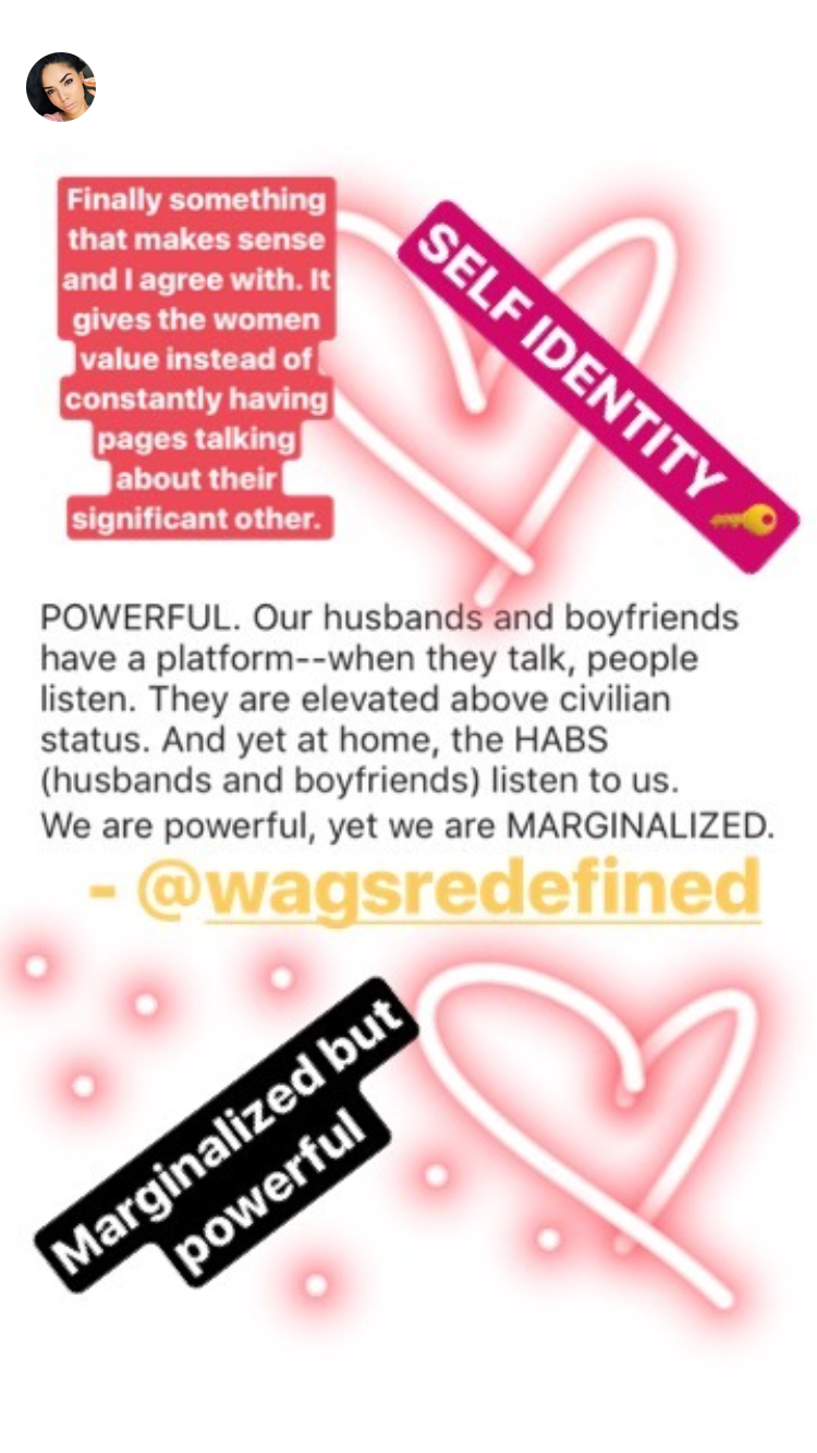 Instagram story graphic quoting WAGS Redefined on self identity: 'We are powerful, yet we are MARGINALIZED'