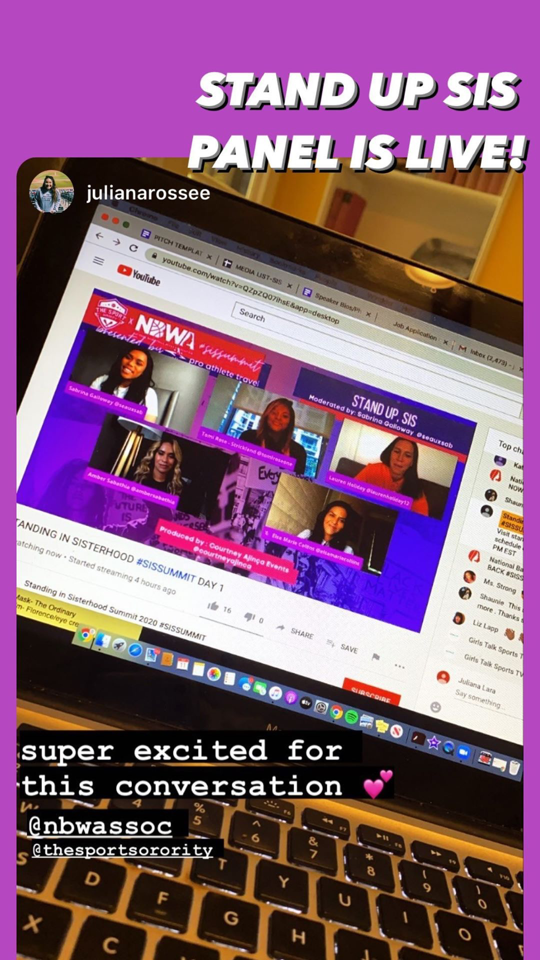 Instagram story of the Stand Up SIS panel streaming live on YouTube