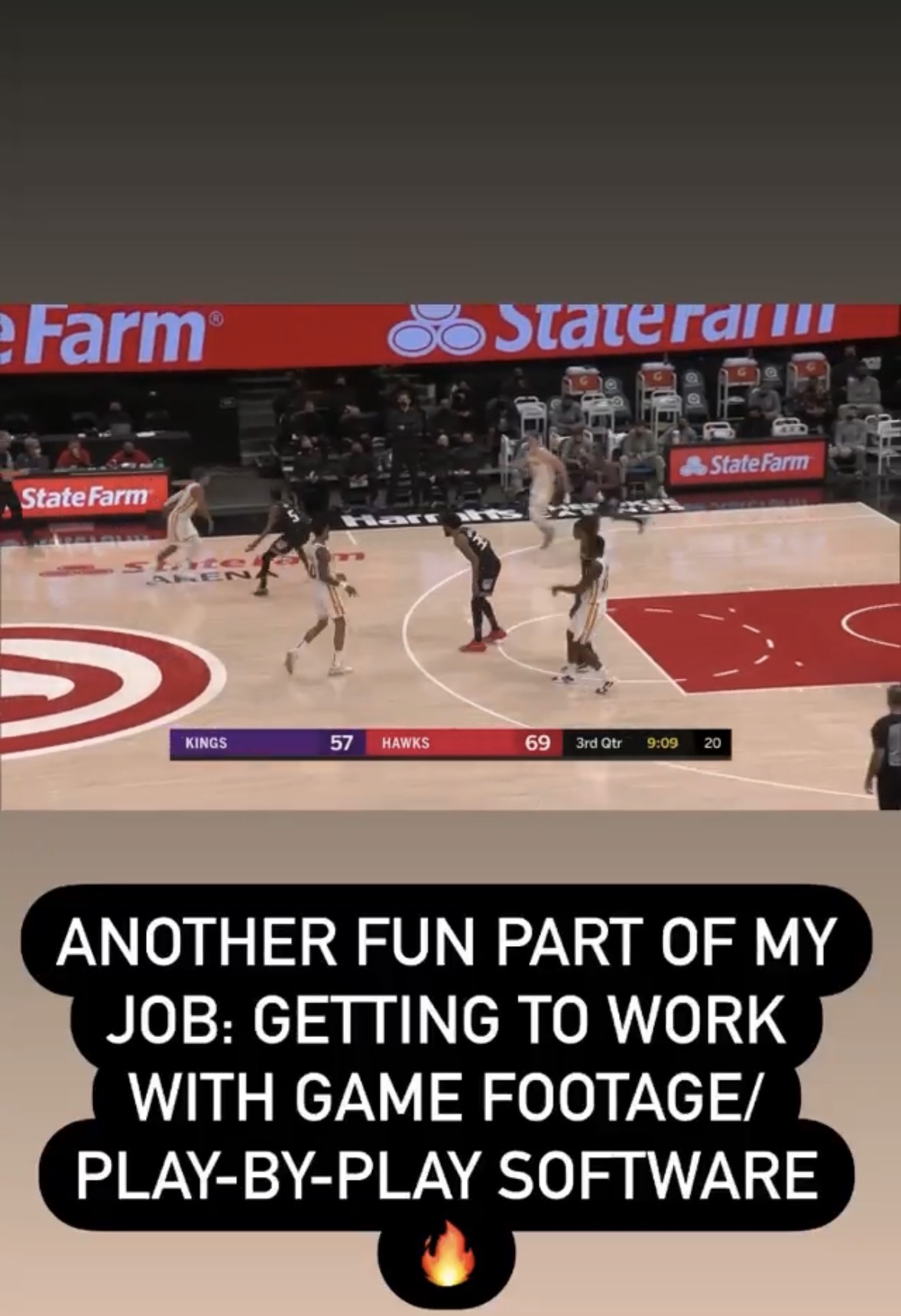 Instagram story of live Hawks vs Kings game footage with the play-by-play scorebug