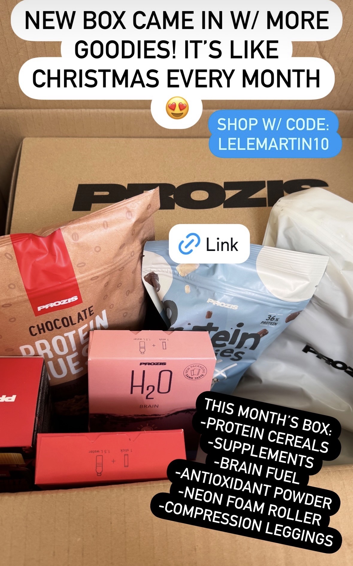 Instagram story of a newly opened Prozis box with protein cereals, supplements and compression leggings listed on screen