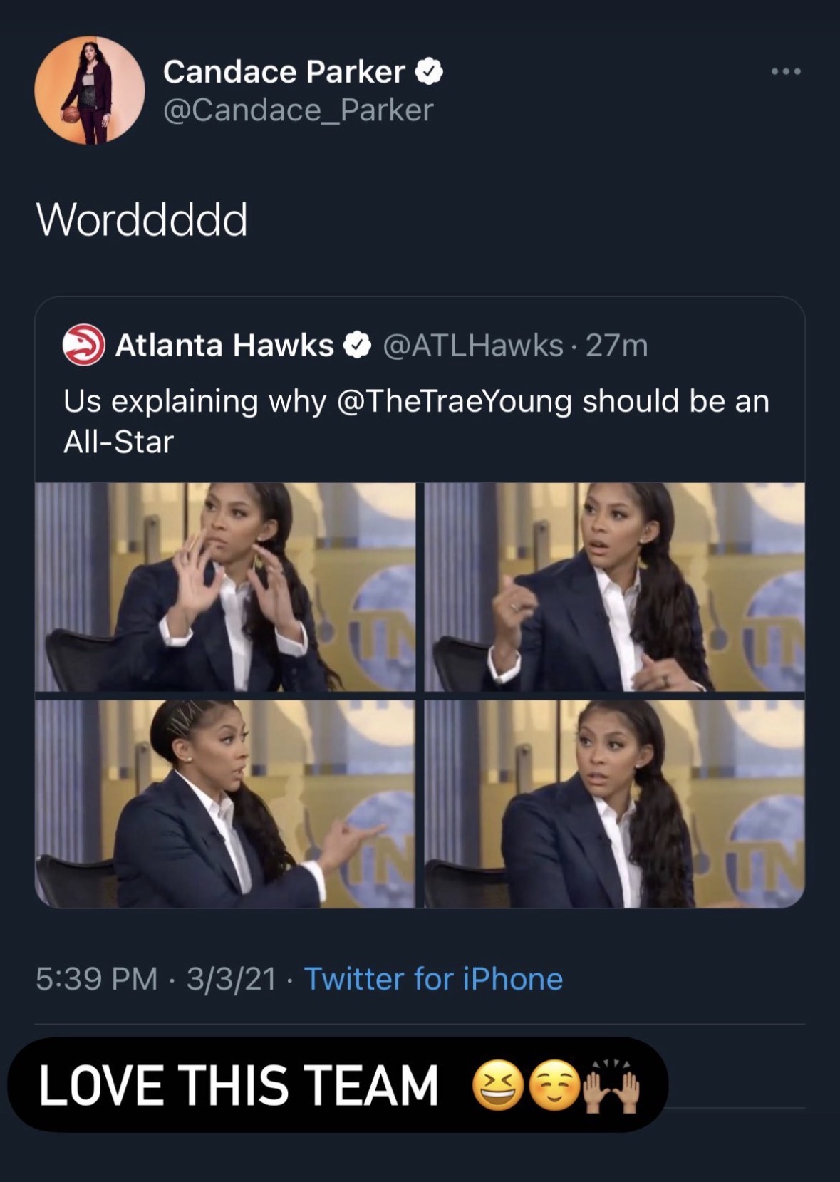 Candace Parker quote-tweeting an Atlanta Hawks post about Trae Young deserving an All-Star spot