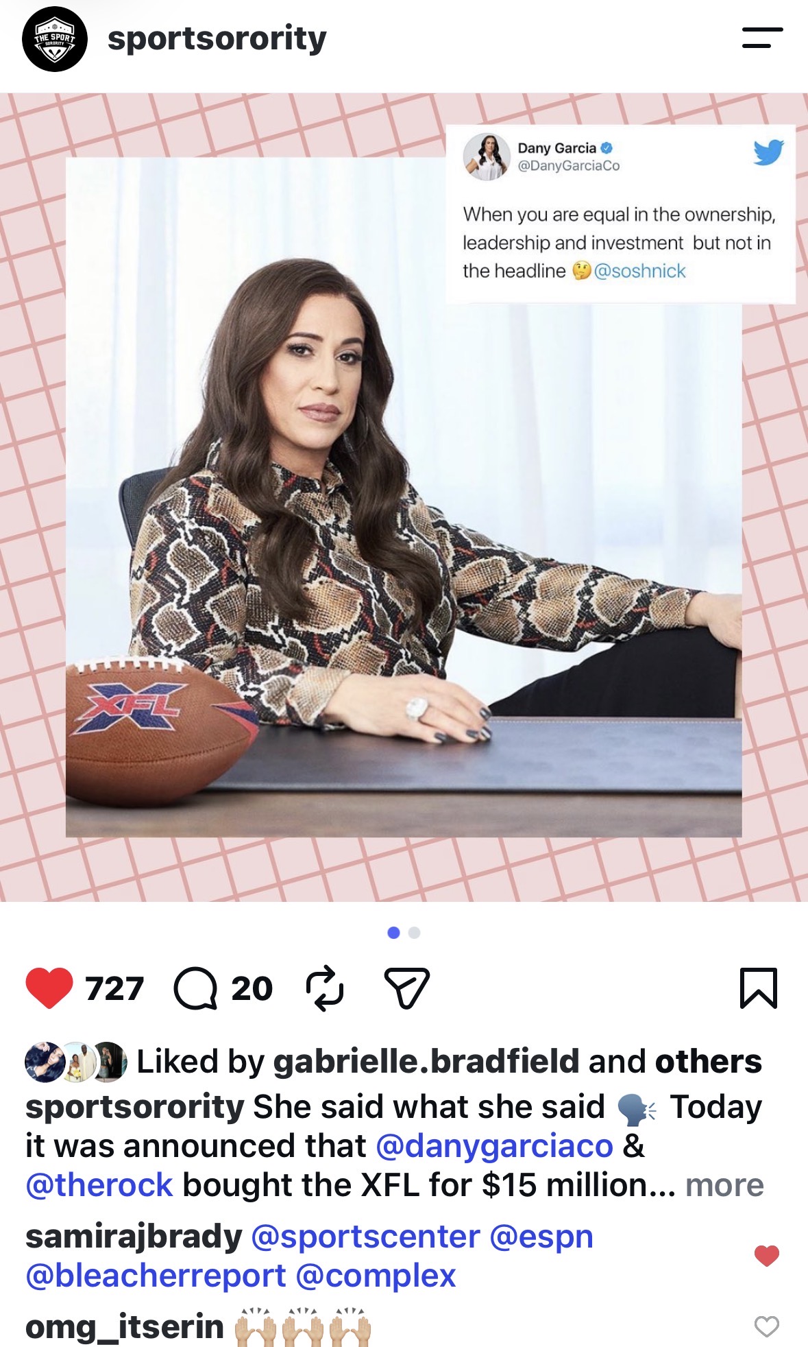 Instagram post about Dany Garcia and Dwayne Johnson buying the XFL, with 727 likes and 20 comments