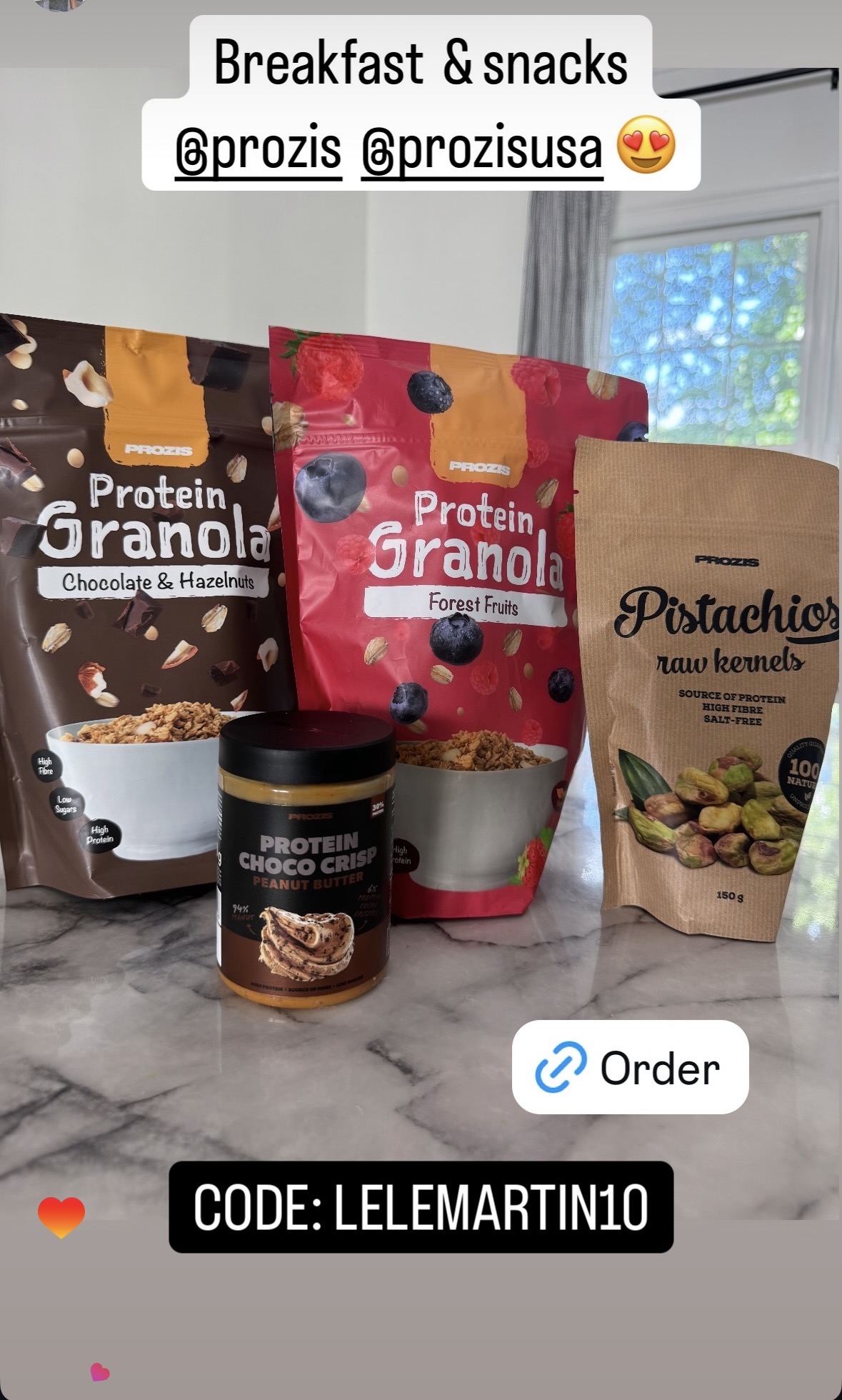 Instagram story showing Prozis protein granola, protein choco crisp and pistachios on a marble counter