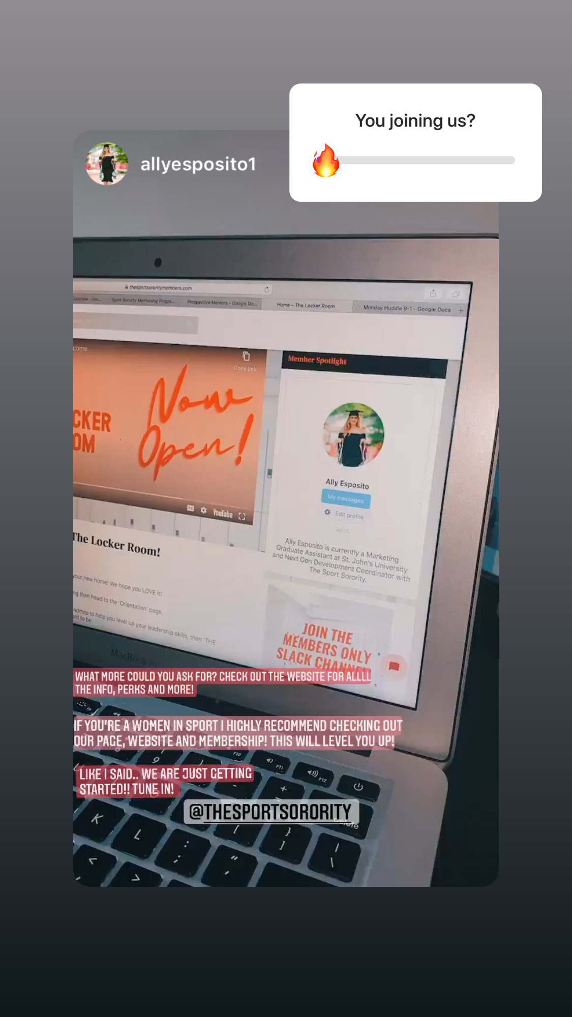 Instagram story of a member showing The Locker Room member spotlight page with a Now Open graphic