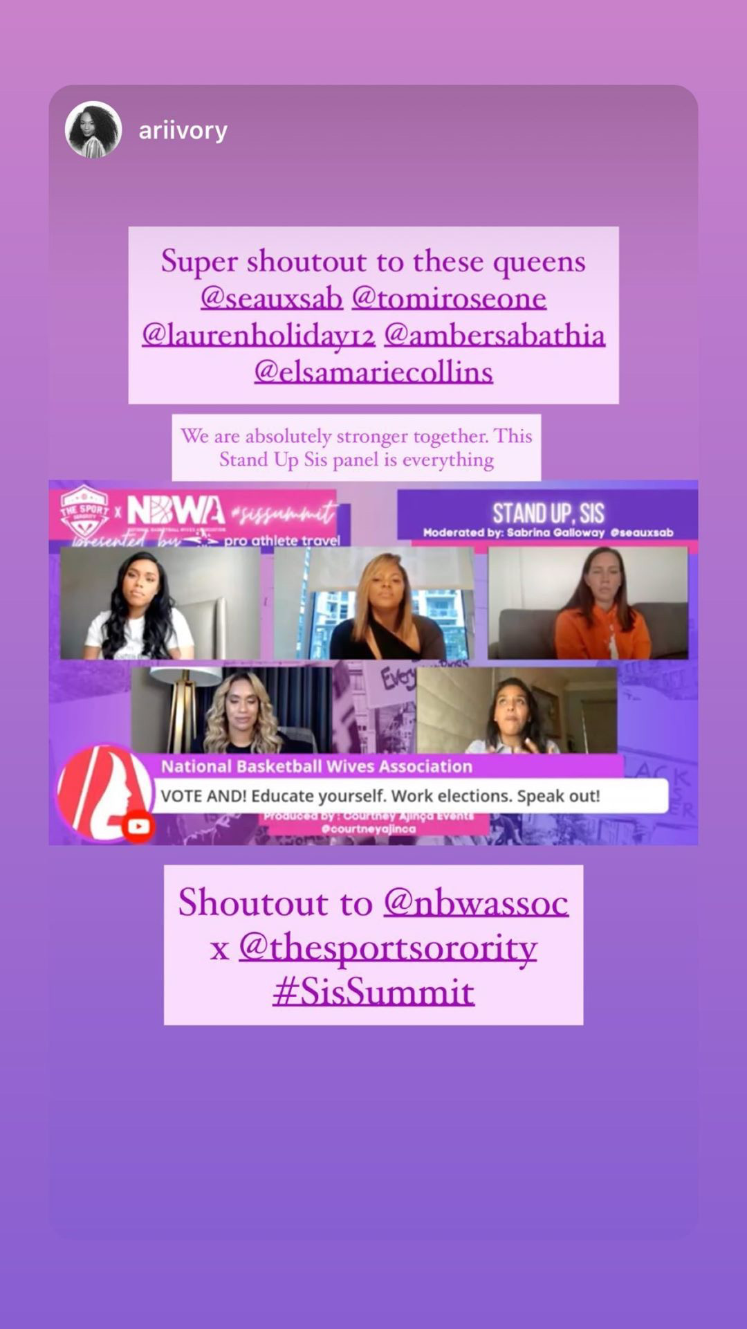 Instagram story shouting out the Stand Up SIS panelists and both co-hosts