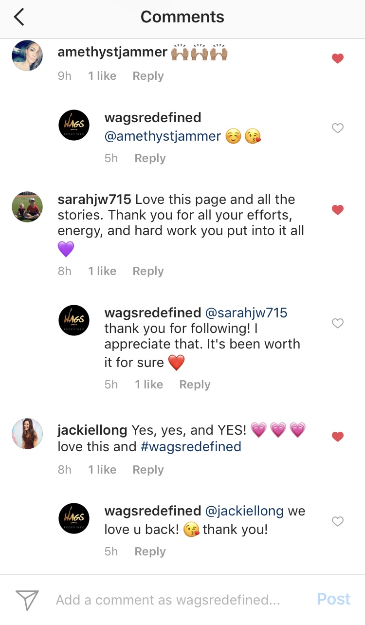 Instagram comment thread: 'Love this page and all the stories. Thank you for all your efforts, energy, and hard work' with a WAGS Redefined reply to every comment