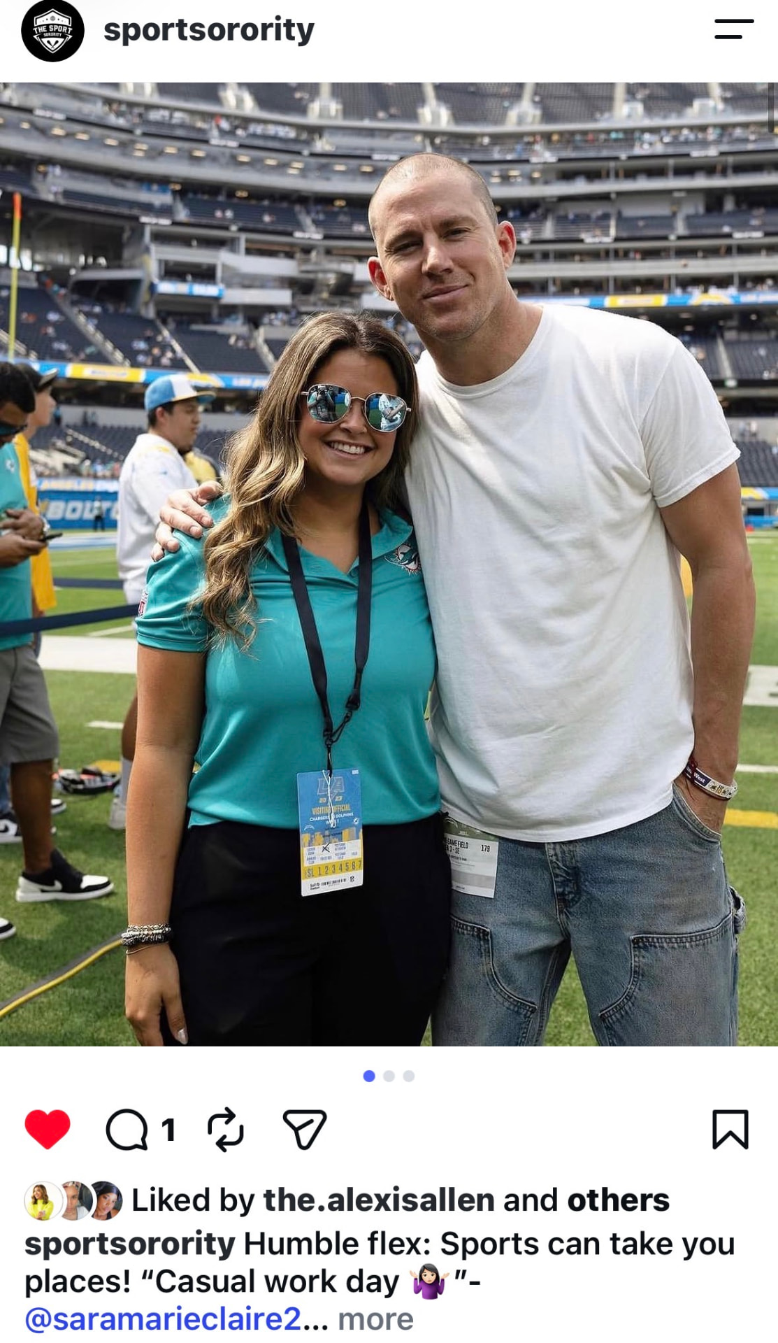 Instagram post of a member on an NFL sideline in Miami Dolphins staff apparel