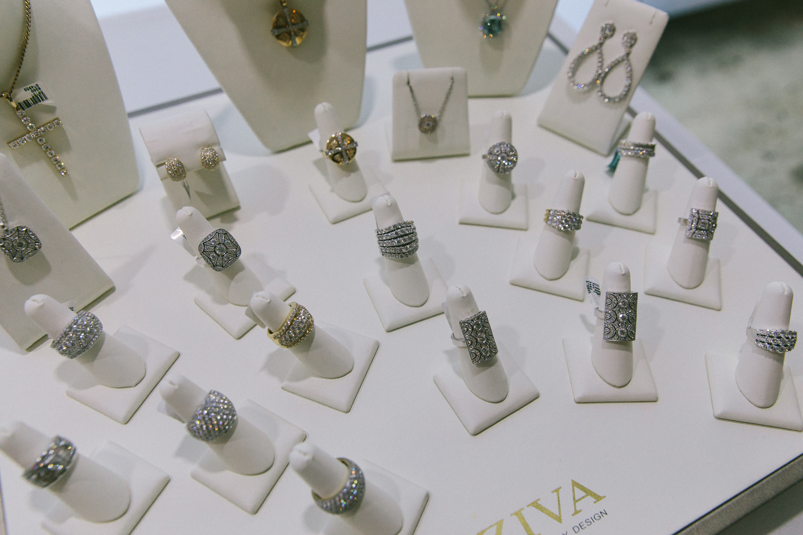 Fine jewelry tray of rings and pendants from a partner activation at WAGcademy