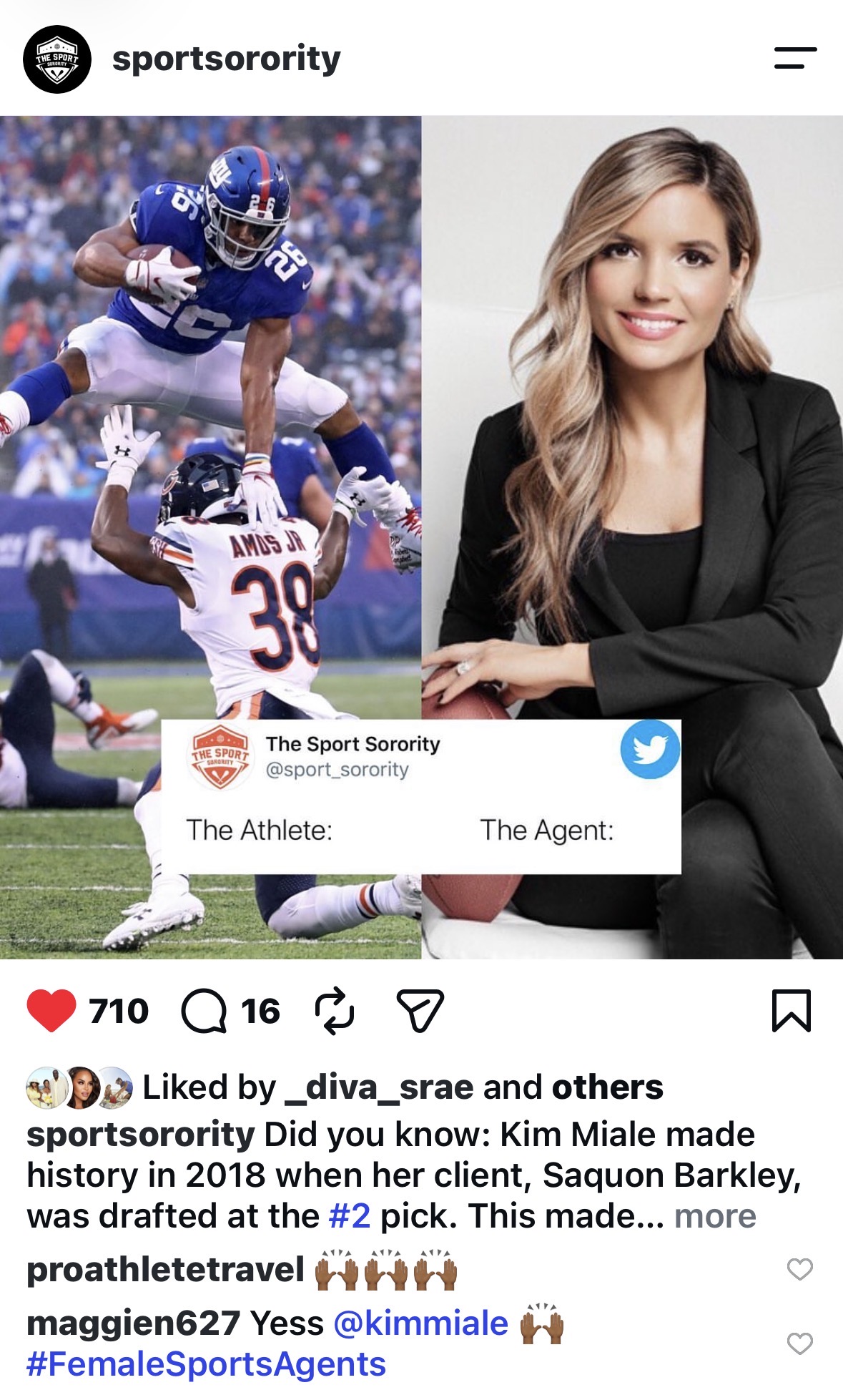 Instagram post about agent Kim Miale and her client Saquon Barkley, with 710 likes and 16 comments