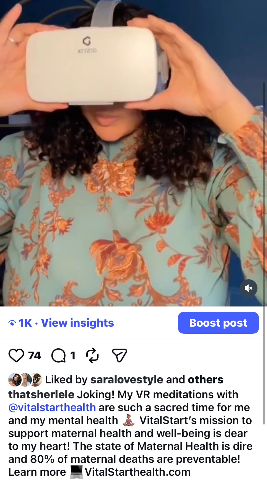 Instagram post of LeLe Martin holding a VR headset, promoting VR meditations with VitalStart Health — 1K views, 74 likes
