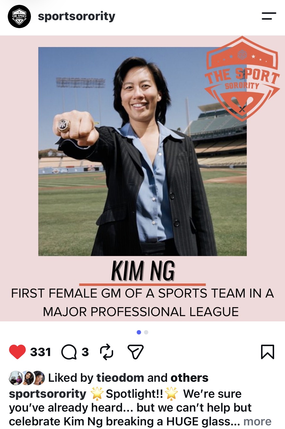 Instagram spotlight post celebrating Kim Ng as the first female GM in a major professional league