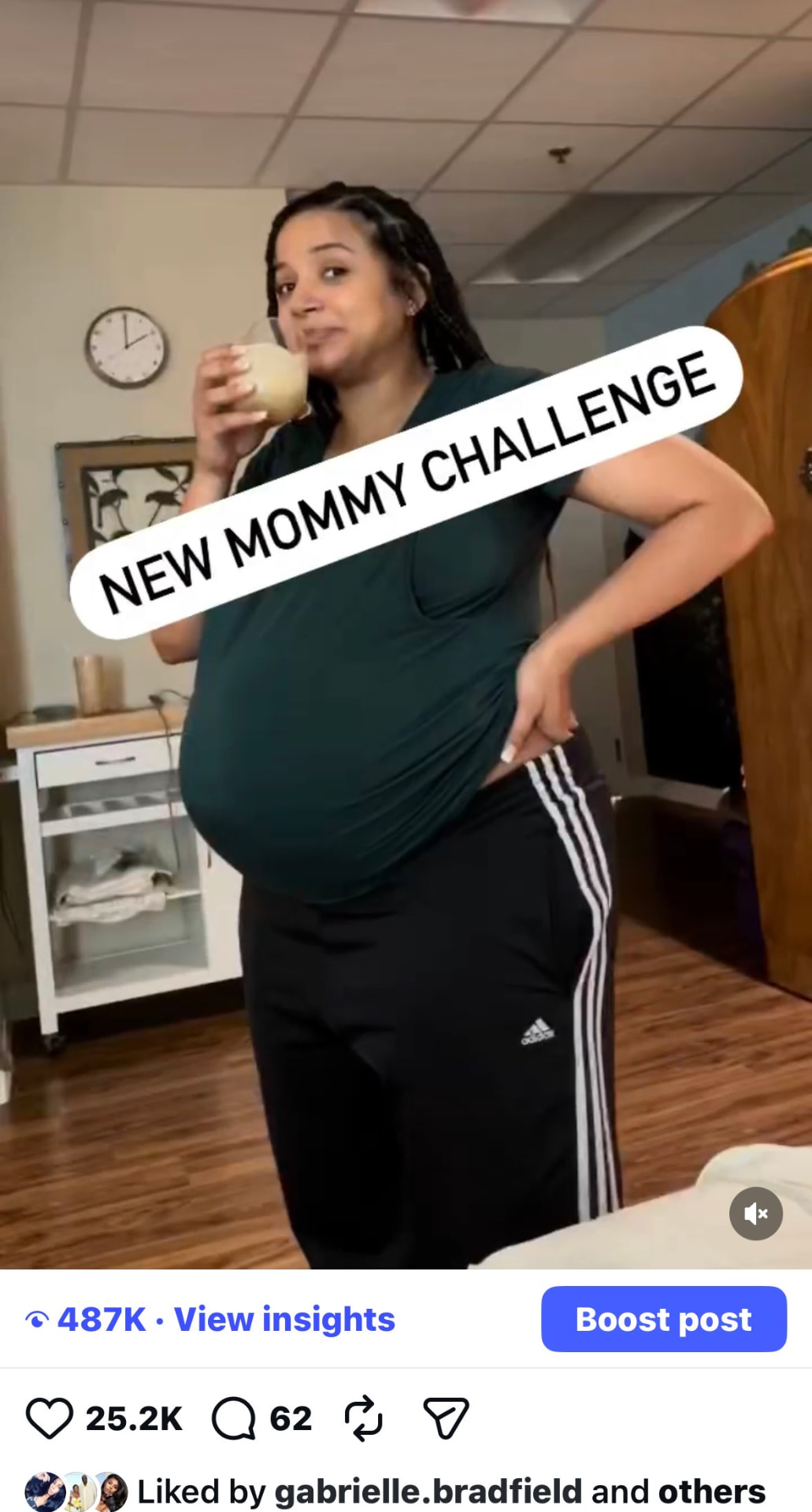 Instagram Reel screenshot of the New Mommy Challenge filmed in a hospital room — 487K views and 25.2K likes