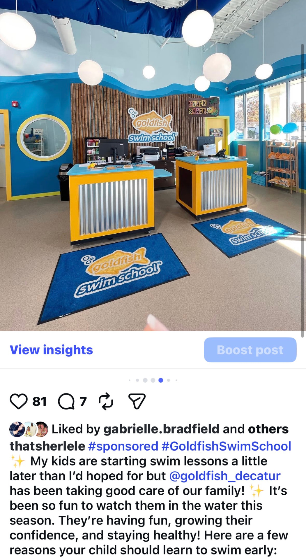 Sponsored Instagram carousel for Goldfish Swim School Decatur showing the facility lobby — 81 likes, 7 comments