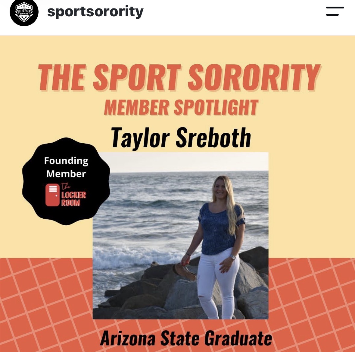 Member spotlight graphic for founding Locker Room member Taylor Sreboth