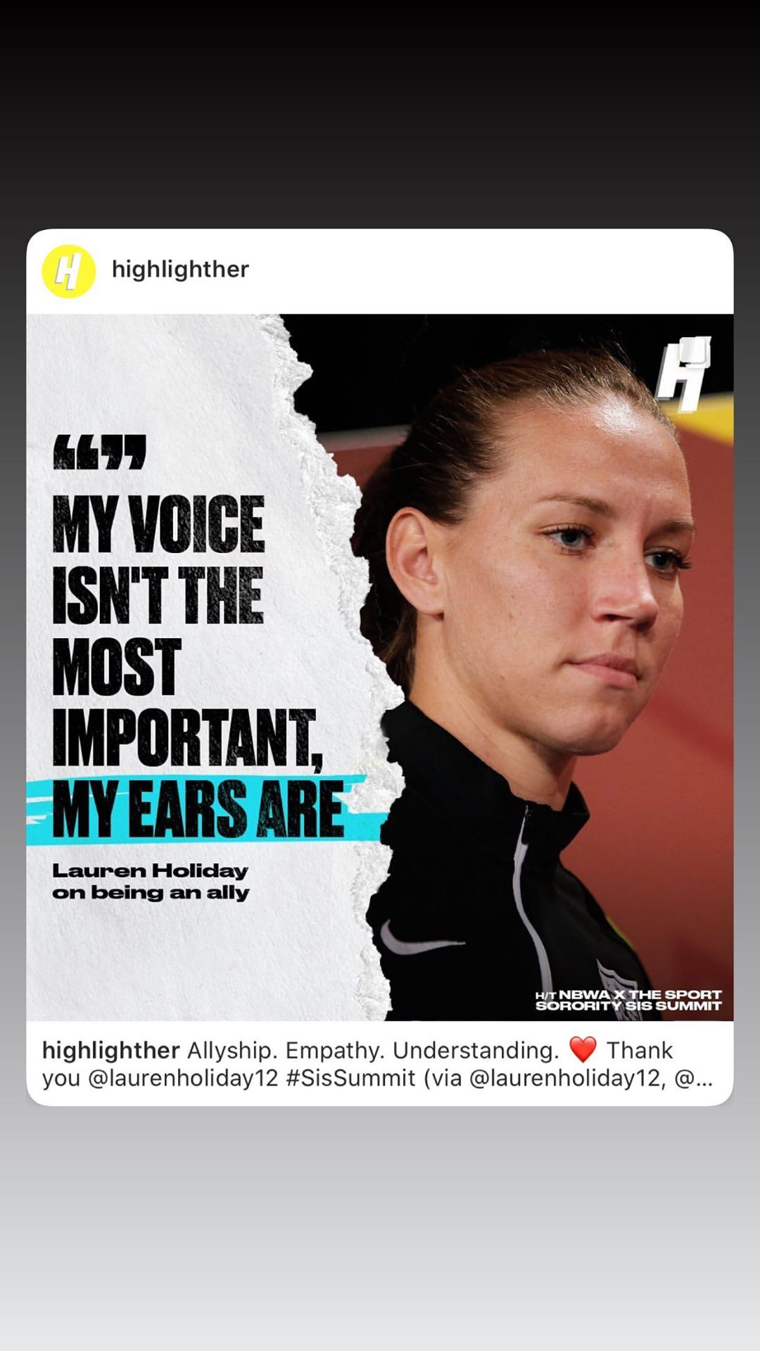 Instagram post quoting Lauren Holiday on being an ally at the SIS Summit