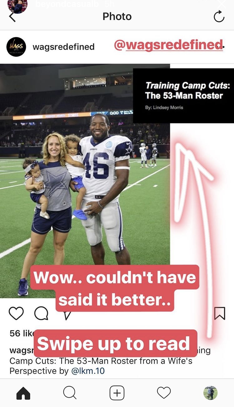 Instagram story reshare of a WAGS Redefined article titled 'Training Camp Cuts: The 53-Man Roster' with the caption 'Wow.. couldn't have said it better'