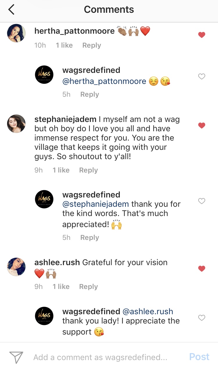 Instagram comment thread with readers praising WAGS Redefined and the brand replying to each one