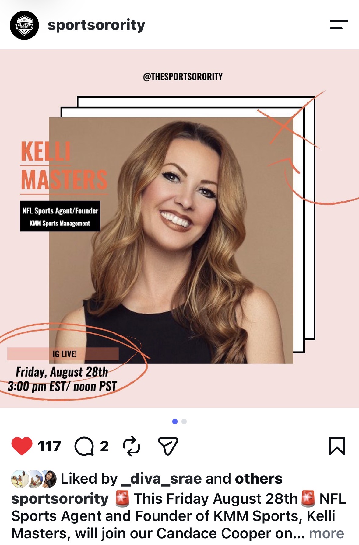 Instagram announcement for an IG Live with NFL agent Kelli Masters