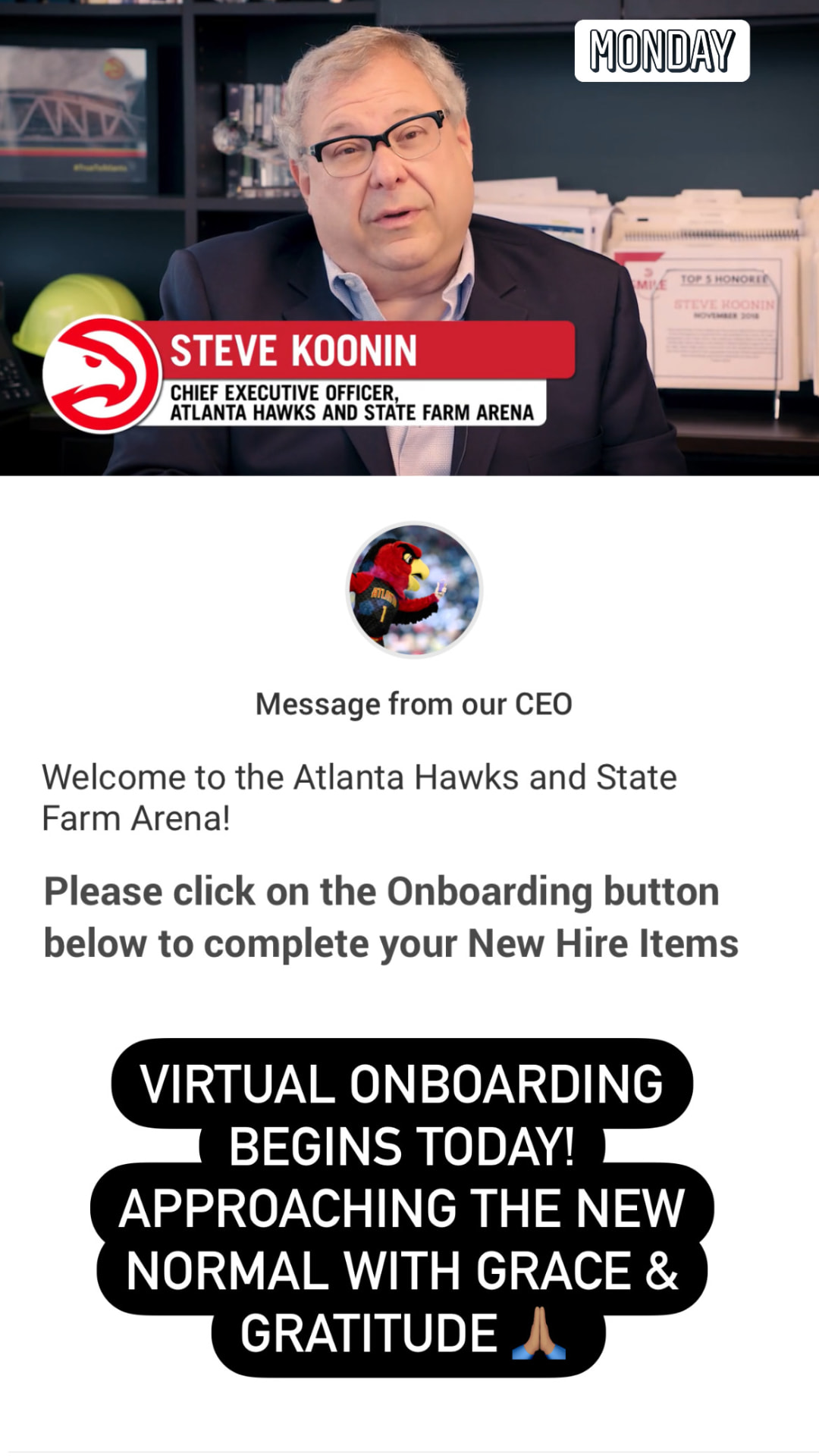Instagram story graphic featuring Atlanta Hawks CEO Steve Koonin welcoming new hires to virtual onboarding