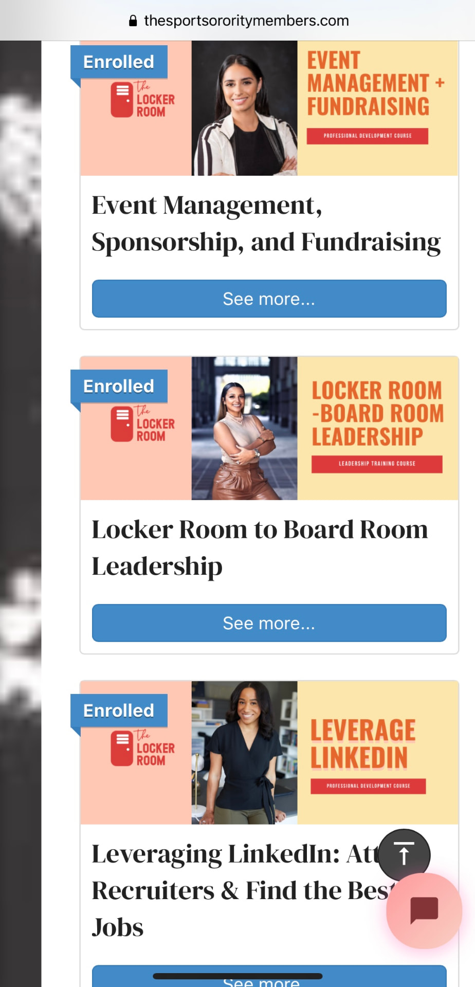 The Locker Room course catalog showing enrolled courses on event management, leadership and LinkedIn