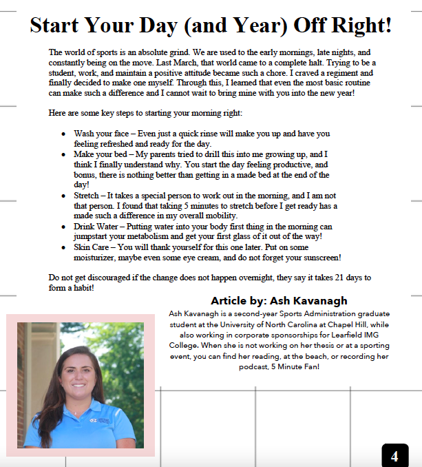 Sport Sorority newsletter page titled Start Your Day (and Year) Off Right with an article-by contributor block for Ash Kavanagh and her headshot