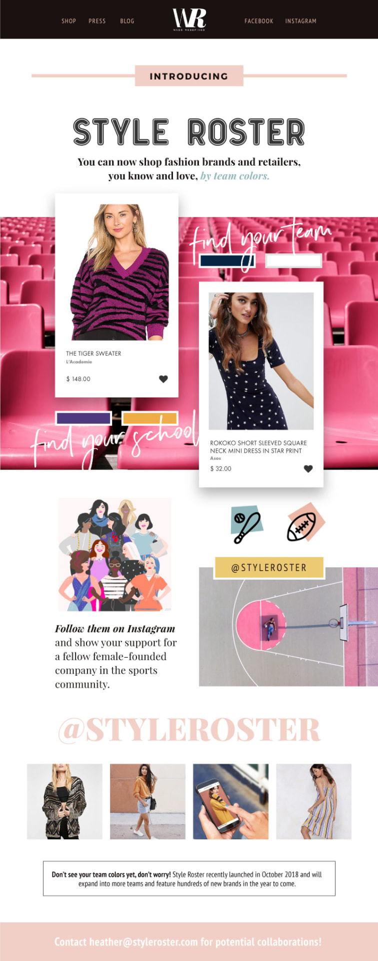 WAGS Redefined email newsletter introducing the Style Roster partner launch, shoppable by team colors