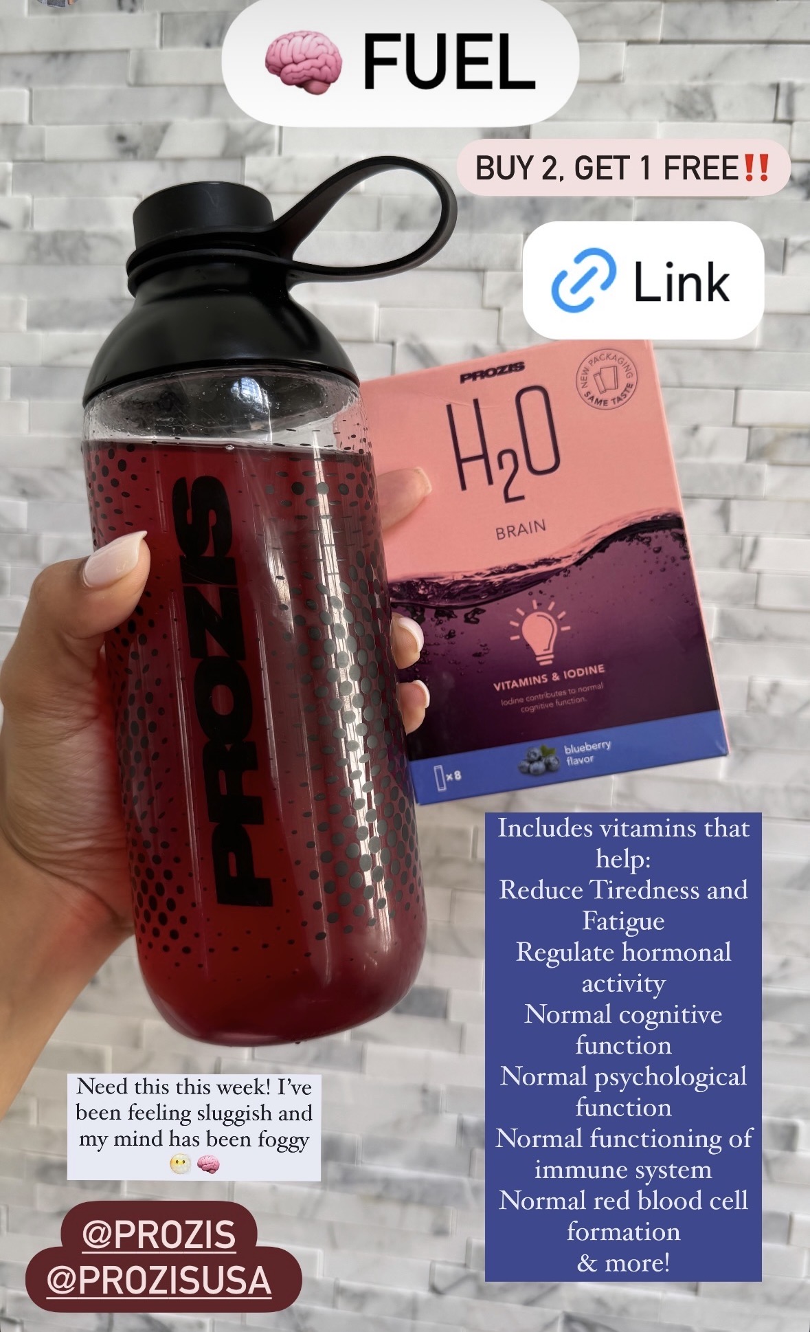 Instagram story holding a Prozis shaker and H2O Brain vitamin box with benefit list and buy-2-get-1 offer