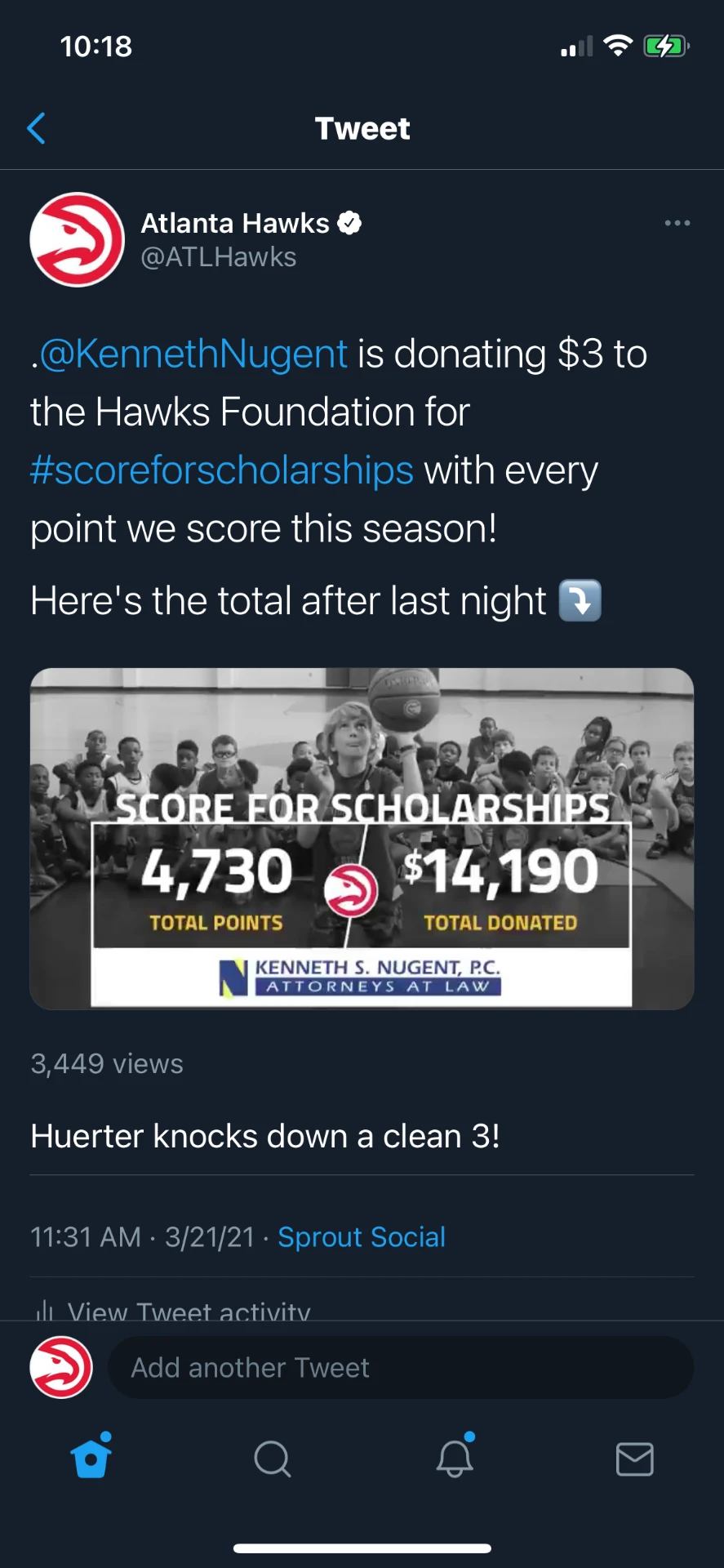 Atlanta Hawks tweet tracking Score for Scholarships donation totals, published through Sprout Social