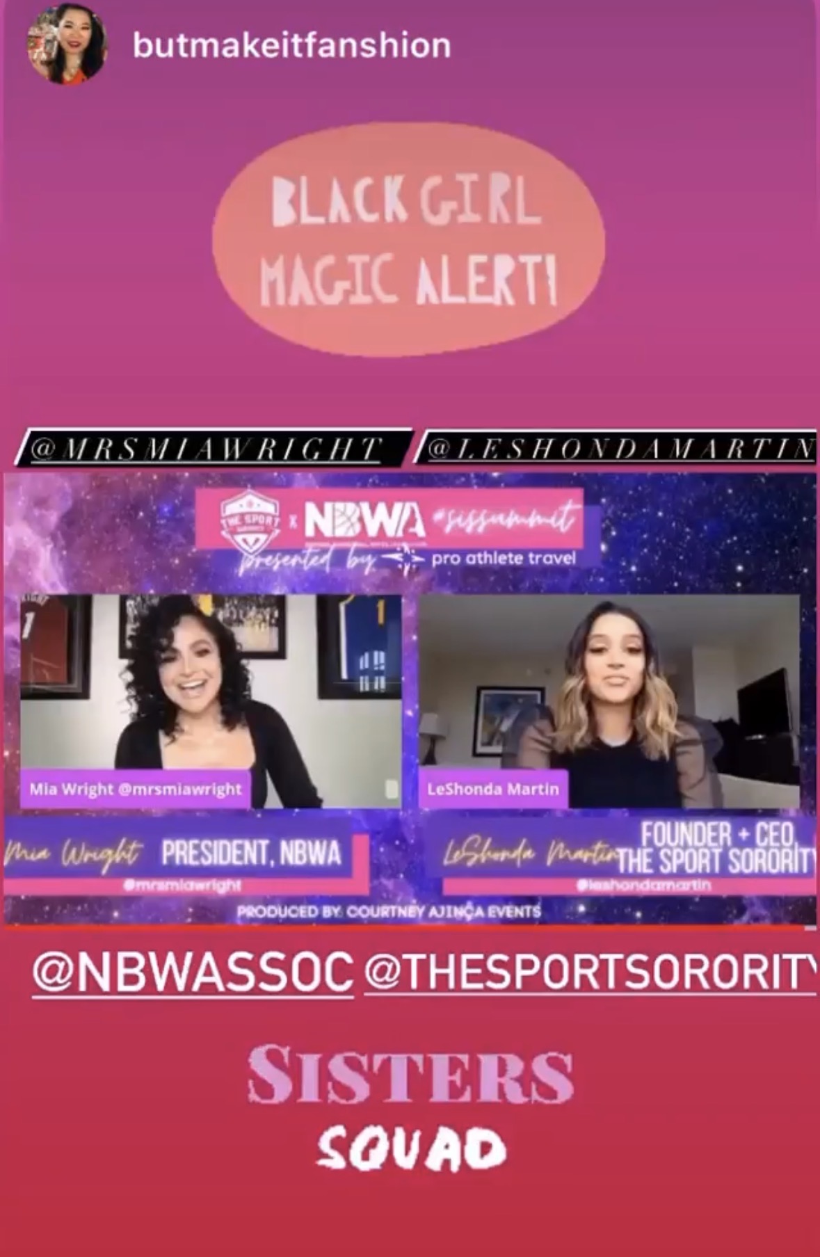 Instagram story graphic reading Black Girl Magic Alert featuring the SIS Summit fireside