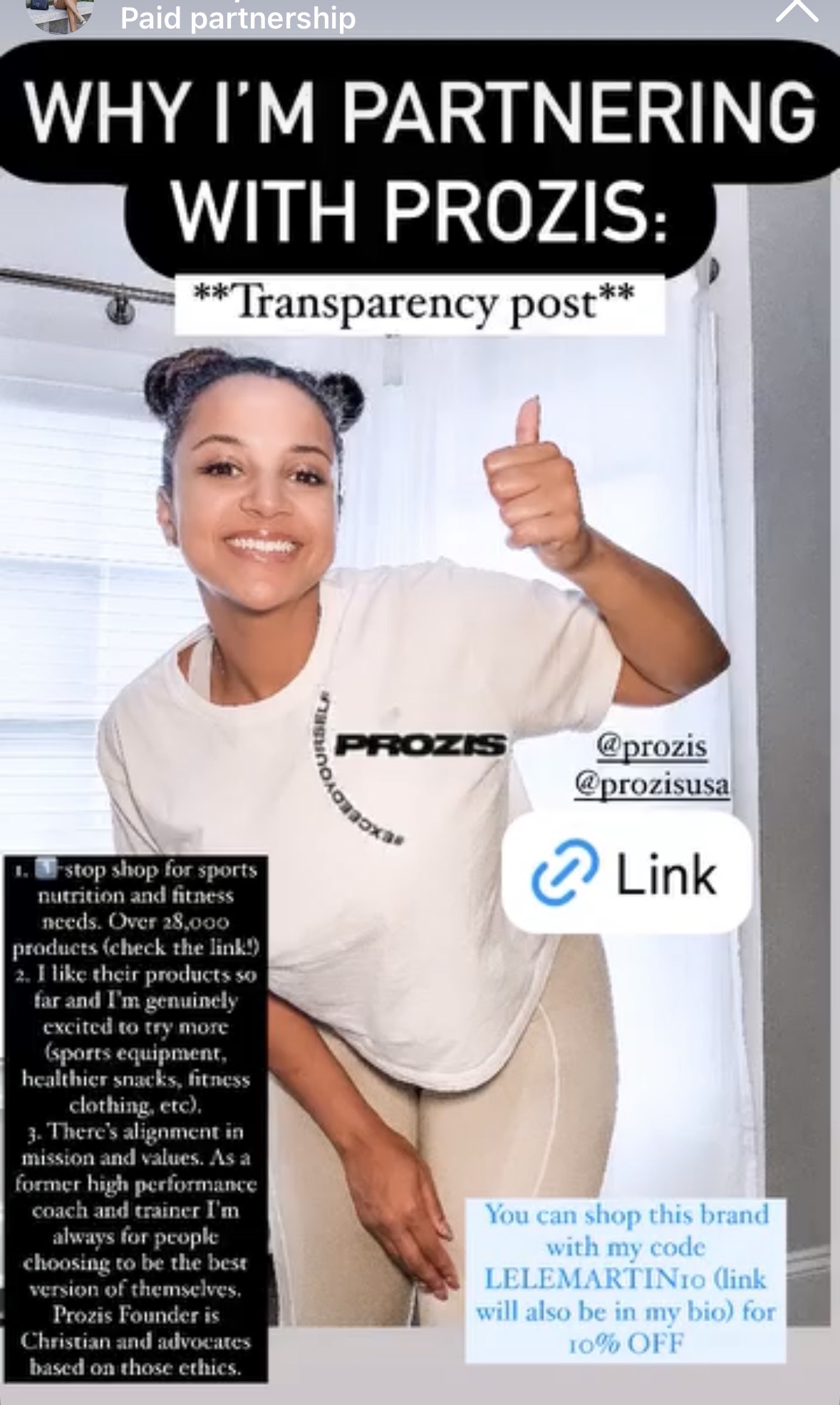 Instagram story titled 'Why I'm partnering with Prozis: transparency post' with LeLe Martin in a Prozis tee giving a thumbs up