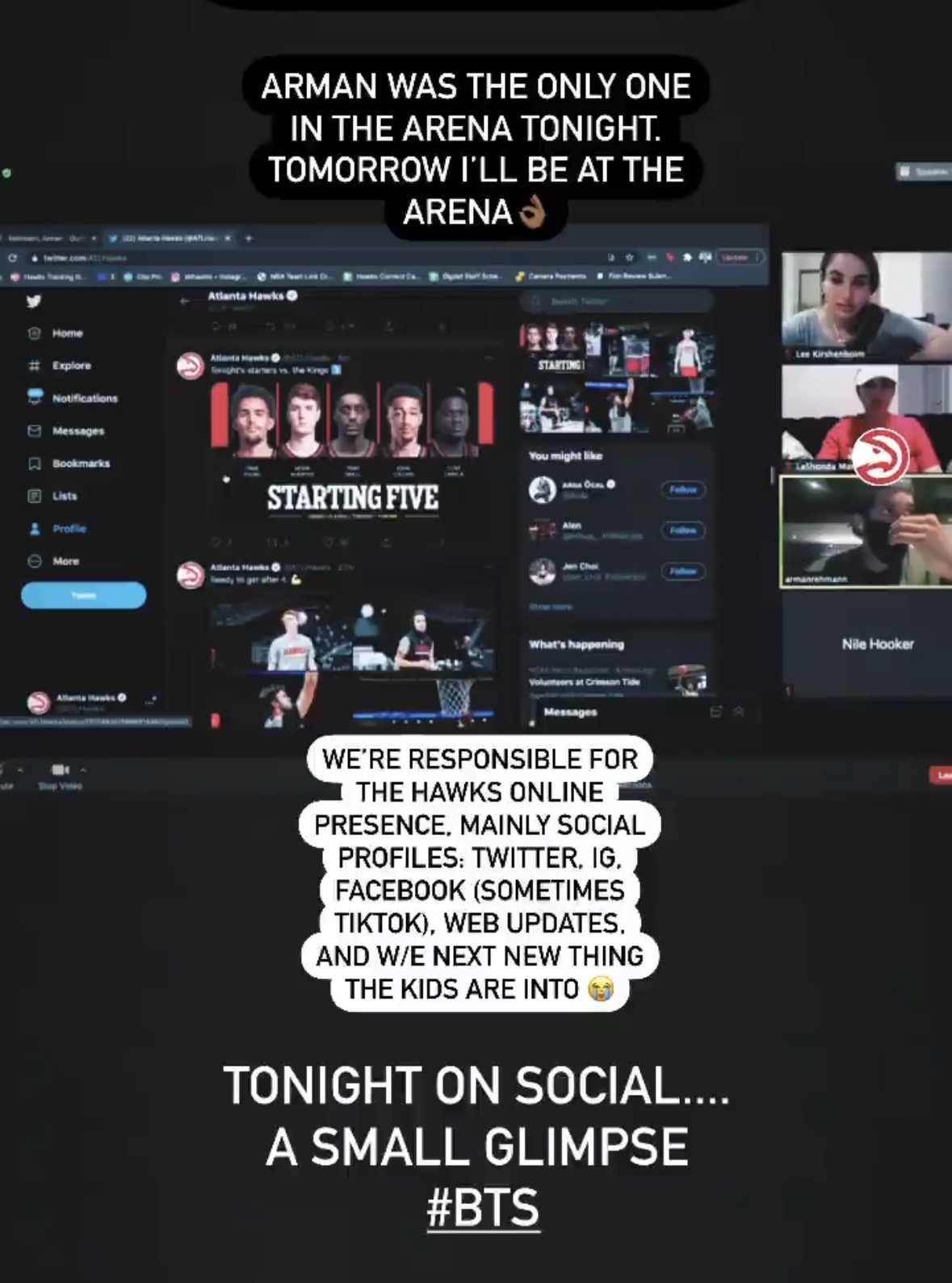 Instagram story showing the Hawks social team on a video call while publishing to Twitter during a game