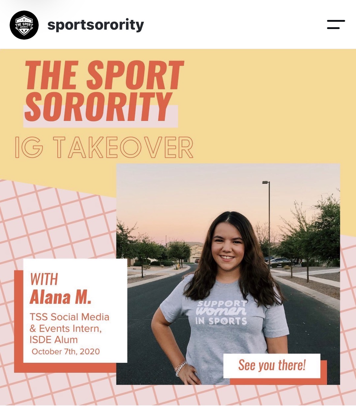 Instagram takeover announcement featuring intern Alana M. wearing a Support Women in Sports tee