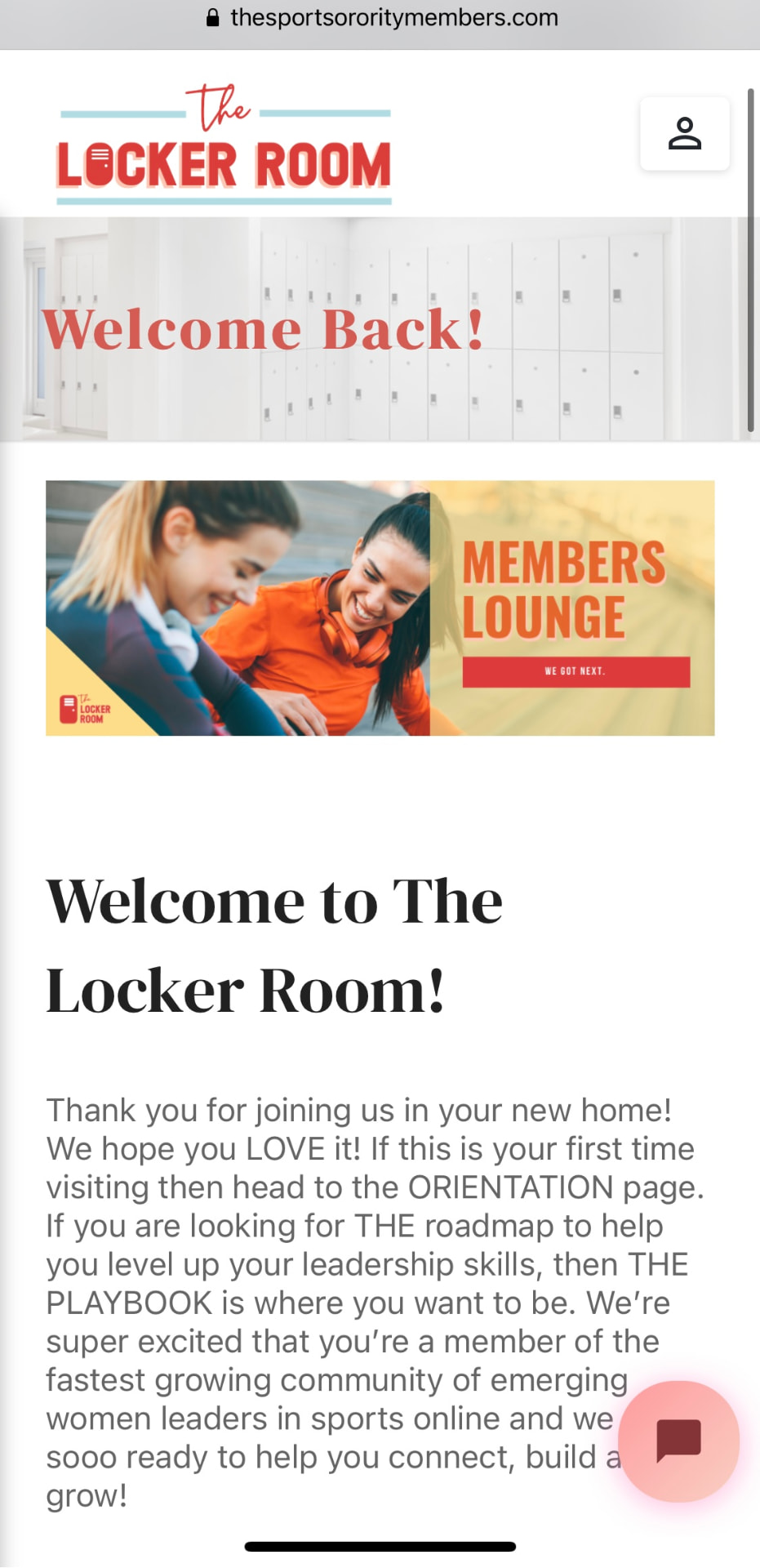 The Locker Room members site homepage with a Welcome Back header, Members Lounge banner and orientation instructions